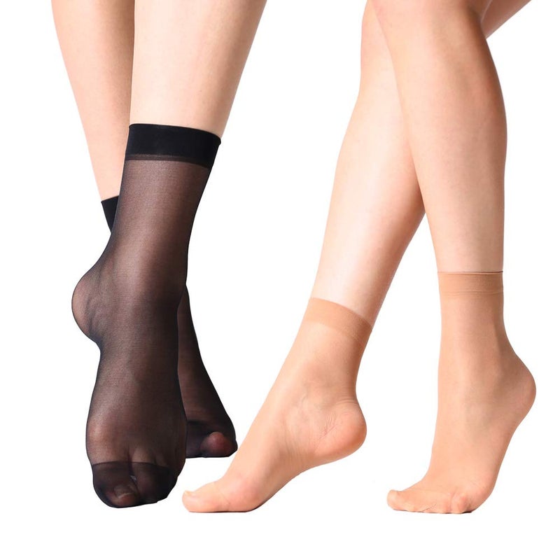 MANZI 12 Pairs Nylon Pantyhose Socks Ankle Sheer Hosiery One Size Natural with Black - Image 2